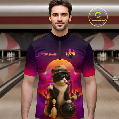 Custom Funny Cat Bowling Jersey for Men Bowling League Polo & 1/4 Zip Bowling Team Shirts HNT142