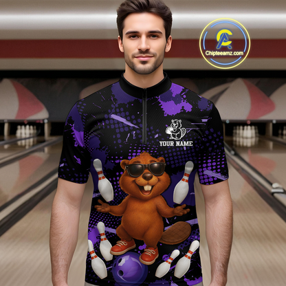 Custom Purple Funny Beaver Bowling Team Shirt Men Bowling League Jersey Polo Bowling Outfit QZT764