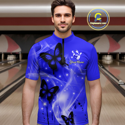 Custom Navy Blue Butterflies Bowling Shirts for Men Women Team MBL120