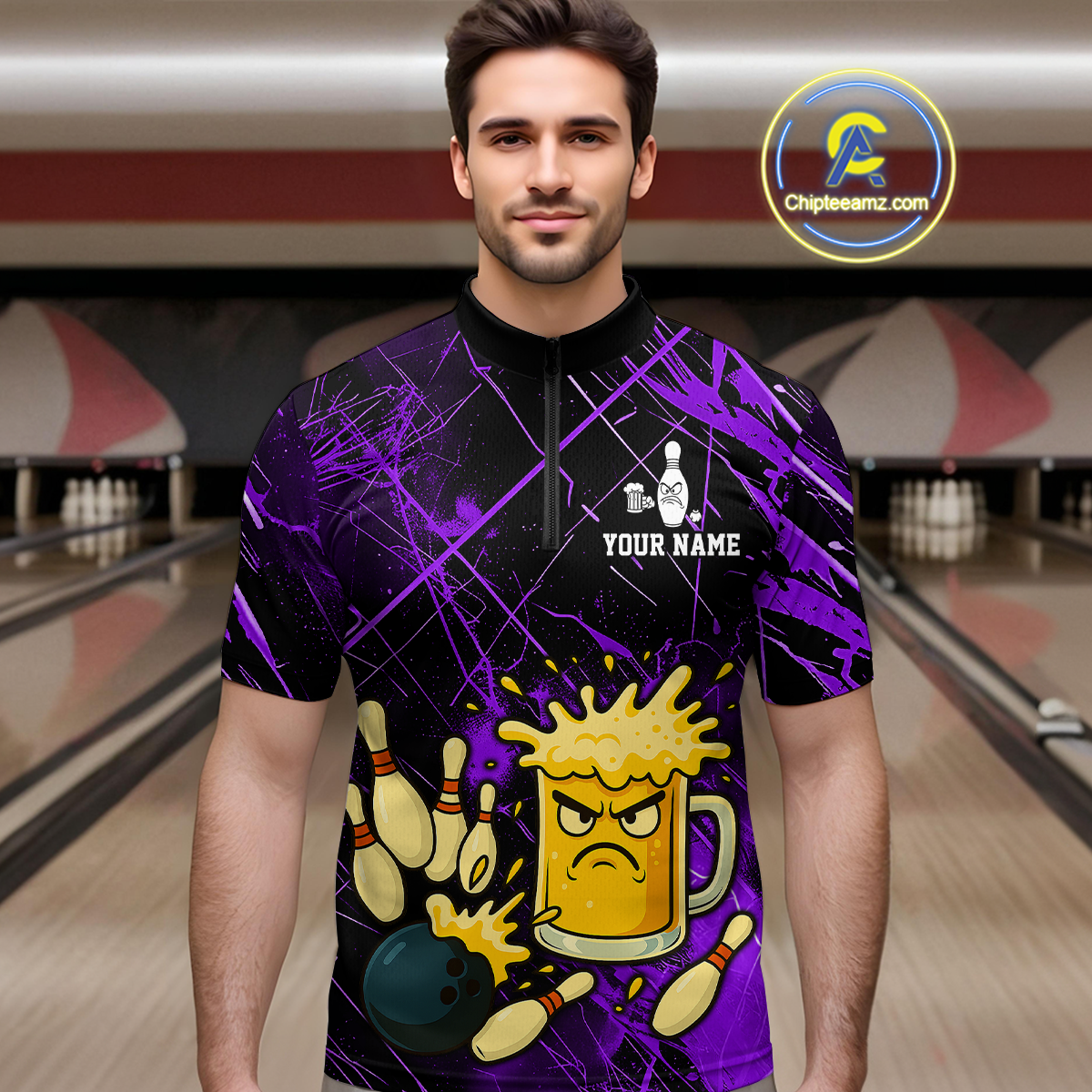 Custom Purple Funny Beer Bowling Shirt Team Bowling League Jersey for Men Bowling Outfit QZT767