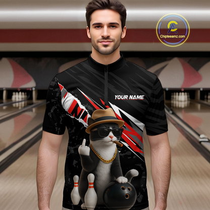 Custom Red Funny Cat Bowling Jersey for Men Bowling Shirt Polo & 1/4 Zip Bowling Team Shirts HNT136