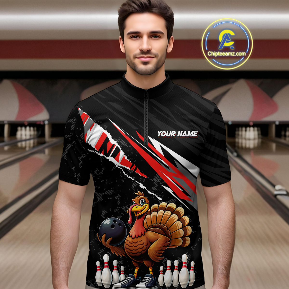 Custom Red Funny Turkey Bowling Jersey for Men Thanksgiving Bowling Shirts Polo & 1/4 Zip HNT117