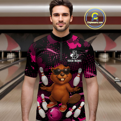 Custom Pink Funny Beaver Bowling Team Shirt Men Bowling League Jersey Polo Bowling Outfit QZT764