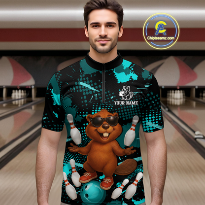 Custom Teal Funny Beaver Bowling Team Shirt Men Bowling League Jersey Polo Bowling Outfit QZT764