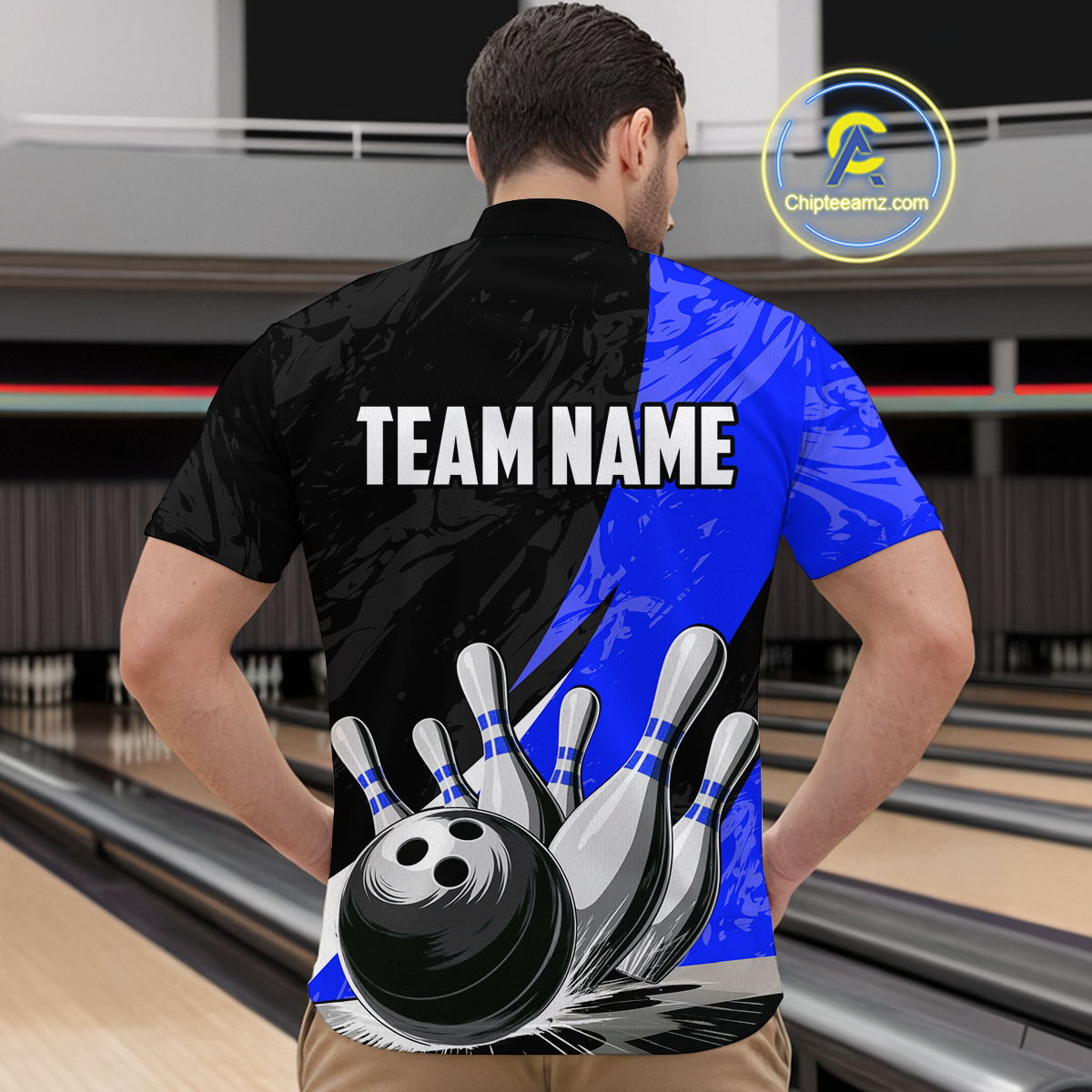 Custom Blue Bowling Custom Men Bowling Shirt Polo & Quarter-Zip Bowling Team Jerseys HNT75