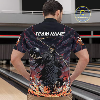 Custom Grim Reaper Flame Bowling Jersey for Men Bowling Team Shirts Polo & 1/4 Zip HNT193