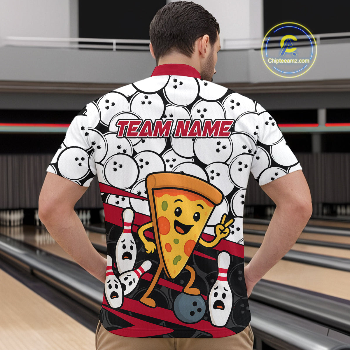 Custom Red Funny Pizza Bowling Shirt Bowling with Food for Men Polo Bowling Jersey QZT799