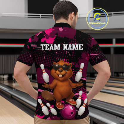 Custom Pink Funny Beaver Bowling Team Shirt Men Bowling League Jersey Polo Bowling Outfit QZT764