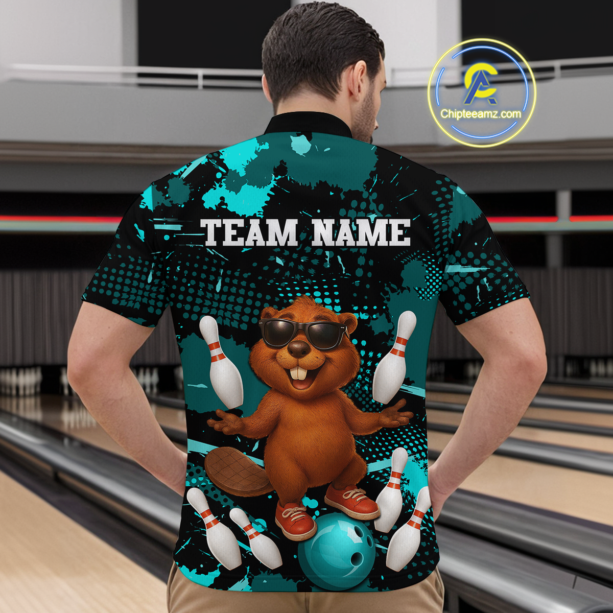 Custom Teal Funny Beaver Bowling Team Shirt Men Bowling League Jersey Polo Bowling Outfit QZT764
