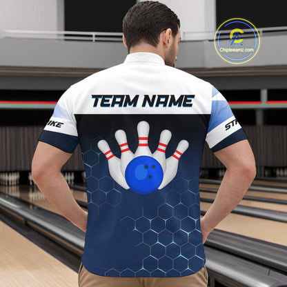 White and Blue Bowling Shirts for Men Women Team Custom Bowling Polo & Quarter Zip MBL105