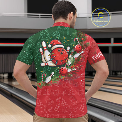 Christmas Santa Mens Bowling Polo, Quarter Zip Shirt Custom Christmas Team Bowling outfit For Men NQS10342