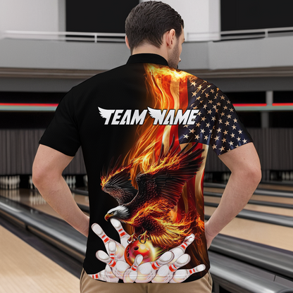 Personalized Flaming US Flag Eagle Bowling Shirt Bowling Jersey for Men Team Polo & 1/4 Zip HNT38