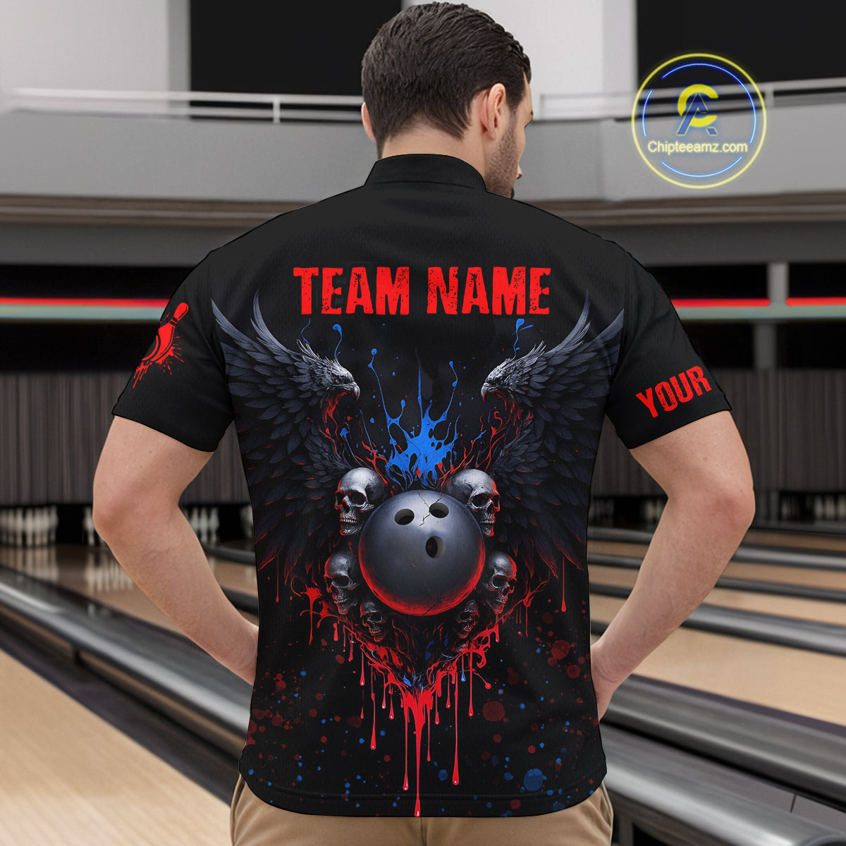 Custom Eagle Skull Bowling Men Shirts Bowling Uniform Polo & 1/4 Zip Bowling Team Jerseys HNT102
