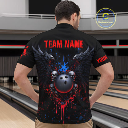 Custom Eagle Skull Bowling Men Shirts Bowling Uniform Polo & 1/4 Zip Bowling Team Jerseys HNT102