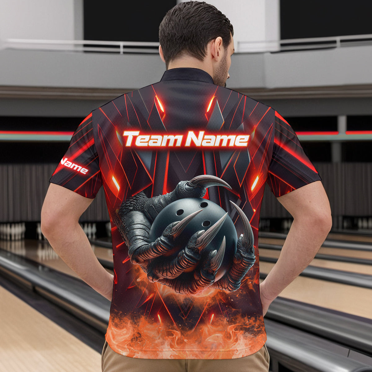 Red & Black Flame Dragon Bowling Shirt 1/4-Zip Bowling Team League for Men Women Bowling Gifts QZT668