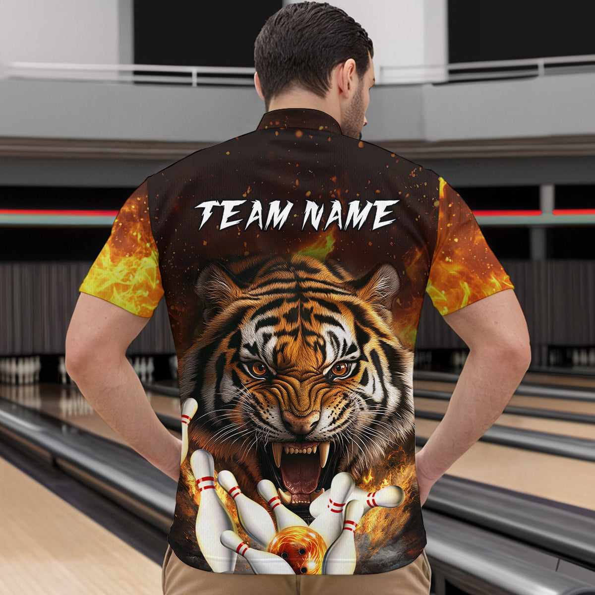 Flames Bowling Shirts Tiger Bowling Jersey Quarter-Zip Bowling Team League QZT634