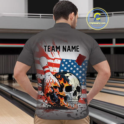 Custom American Flag Skull Flame Bowling Men Polo & 1/4 Zip Shirts Bowling Team Jerseys HNT91