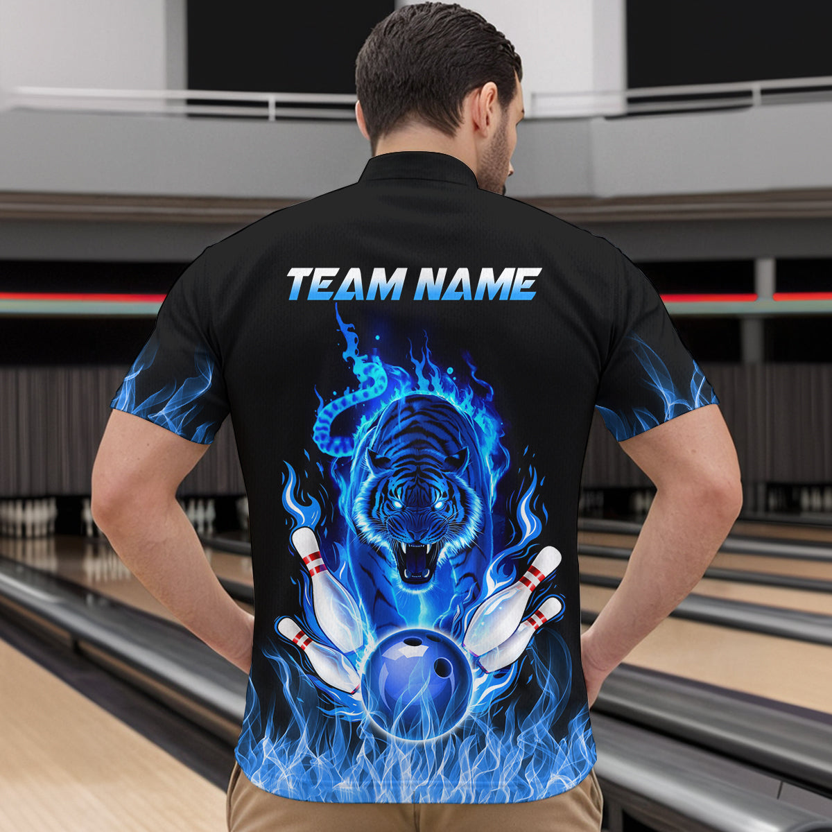 Blue Flaming Tiger Bowling Custom Men Bowling Polo & Quarter-Zip Bowling Team Jerseys HNT46