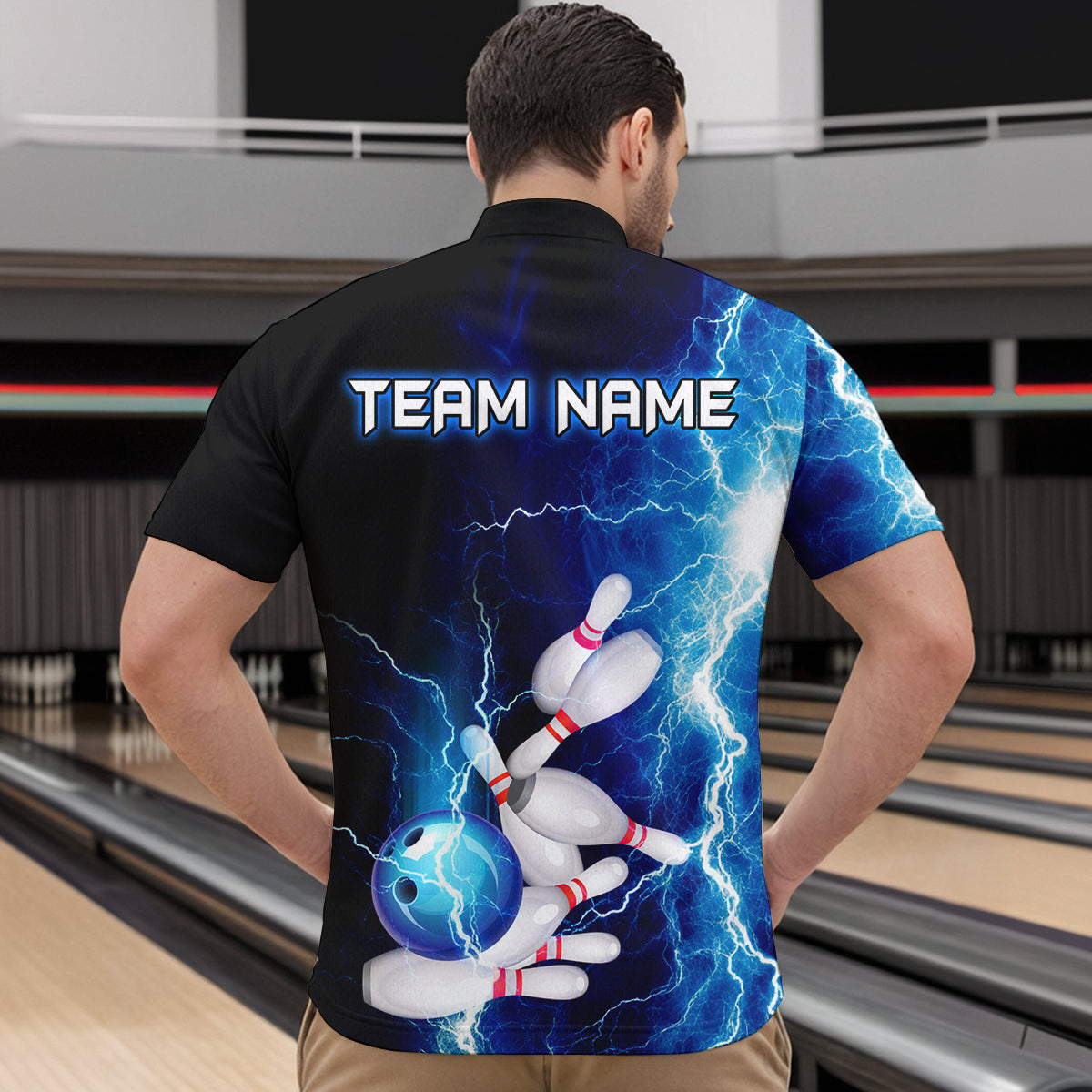 Blue Thunder Bowling Shirt for Men Custom Polo & Quarter-Zip Team Bowling Jersey Bowling Team Shirt HNT22