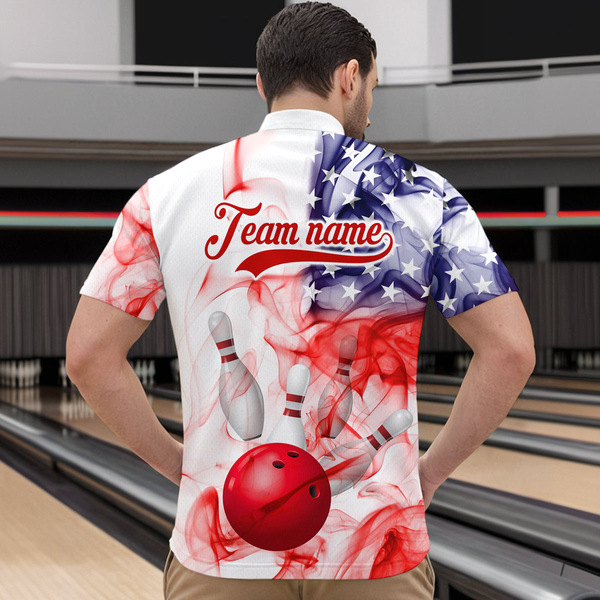 American Flag Smoke Bowling Shirt for Men Custom Polo & Quarter-Zip Team Bowling Jersey with Team HNT21