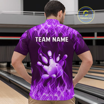 Custom Purple Flame Bowling Jersey for Men Bowling Uniform Polo & 1/4 Zip Bowling Team Shirts HNT106