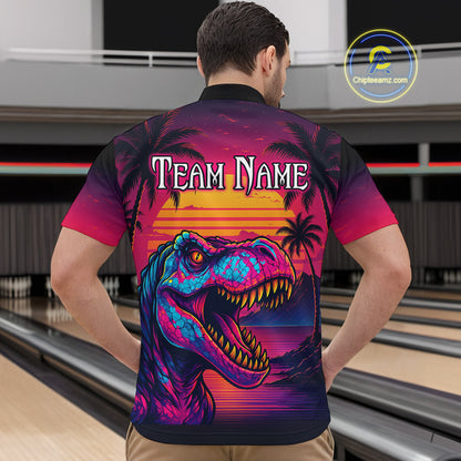 Custom Neon Dinosaur Bowling Men Bowling Shirt Polo & Quarter-Zip Bowling Team Jerseys HNT78