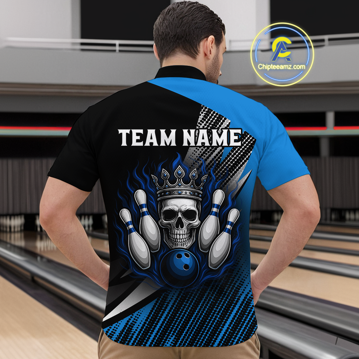 Blue Skull Crown Bowling Custom Men Bowling Shirt Polo & Quarter-Zip Bowling Team Jerseys HNT65