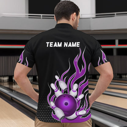 Purple Flame 1/4 Zip Bowling Shirts for Men And Women Custom Bowling Team Jerseys Unisex BDT477