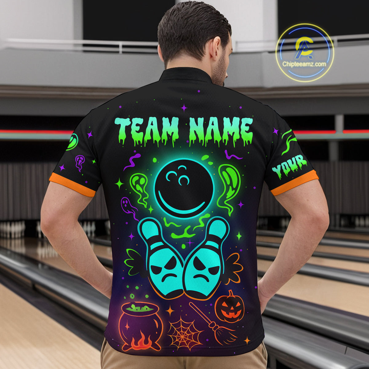 Custom Neon Bowling Team Shirt Halloween Polo & Quarter-Zip Bowling Jersey for Men QZT731