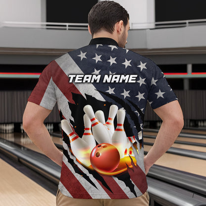 American Flag Bowling Shirt Fire Patriotic Bowling Shirts for Men Women Bowling Jersey MBL19