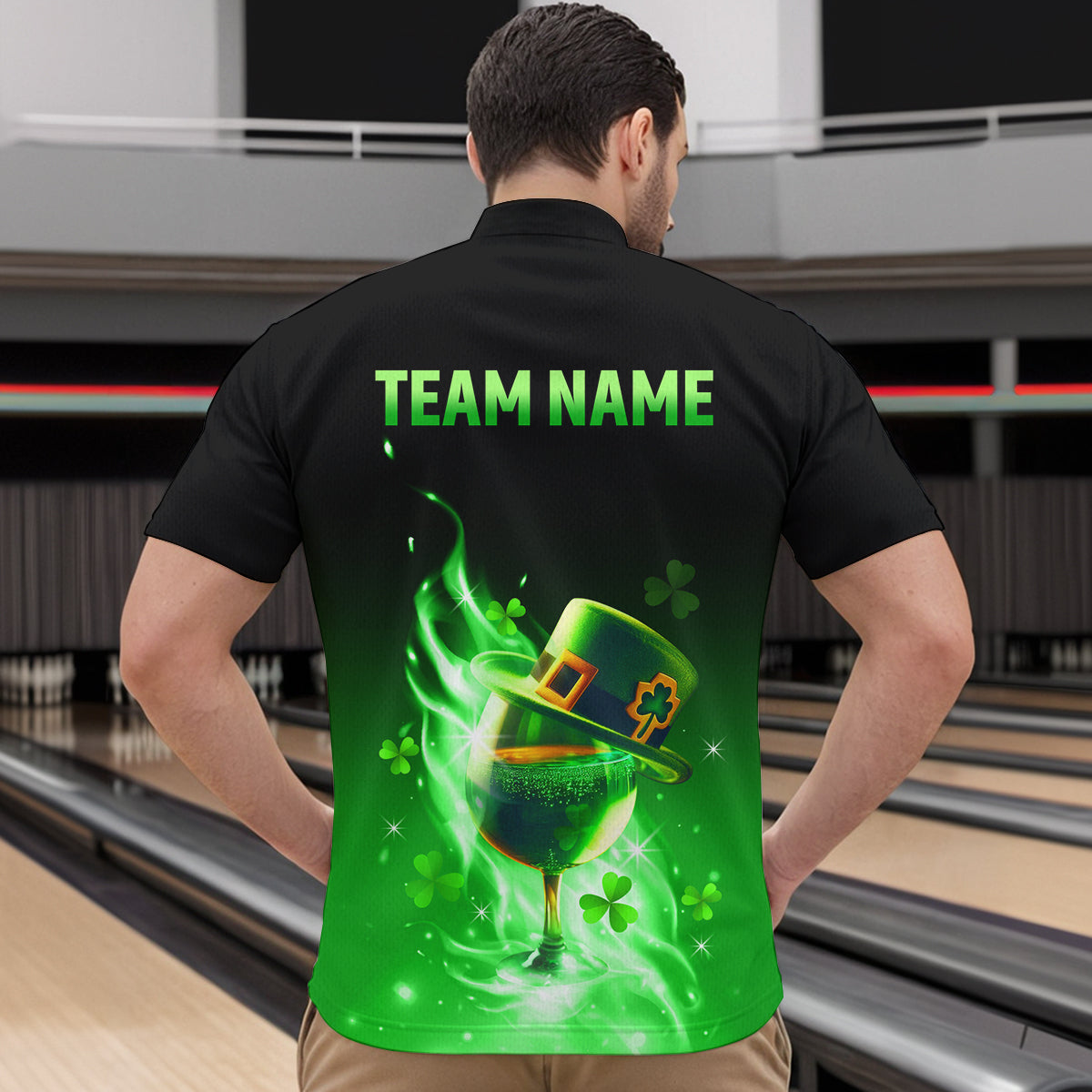 Custom Bowling Shirt Unisex Green Shamrock Lucky Clover Quarter-Zip Bowling Jersey QZT624