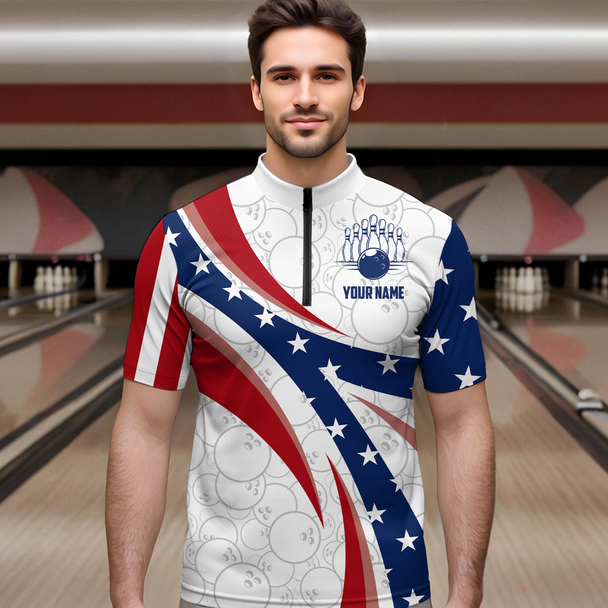 American Bowling 1/4 Zip Shirt Men & Women Custom Eagle Bowling Team Jersey Patriotic BDT560