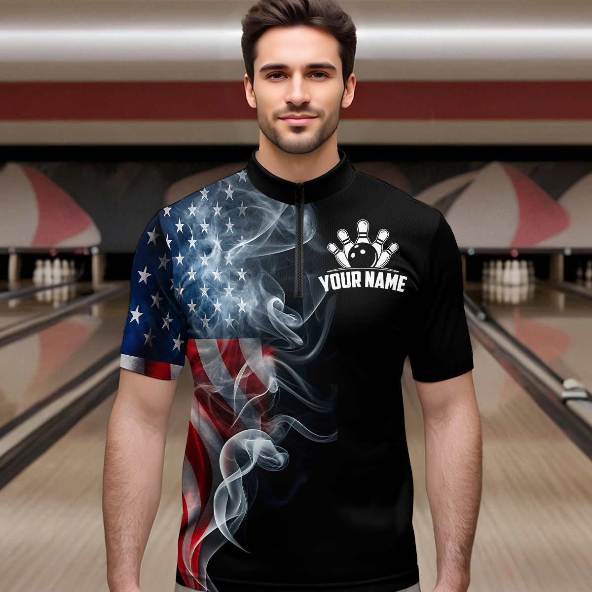 Custom Skull Bowling 1/4 Zip Shirts For Men Women American Flag Bowling Jersey Team BDT507