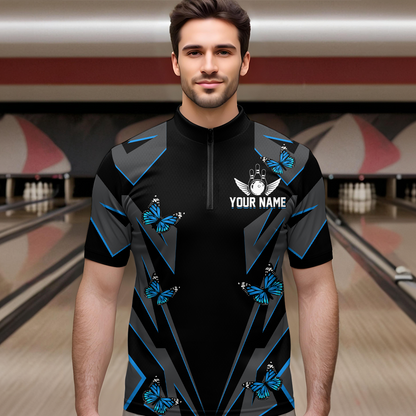 Customize Blue Butterflies Bowling Shirts for Men Women Team Bowling Polo & 1/4 Zip MBL78