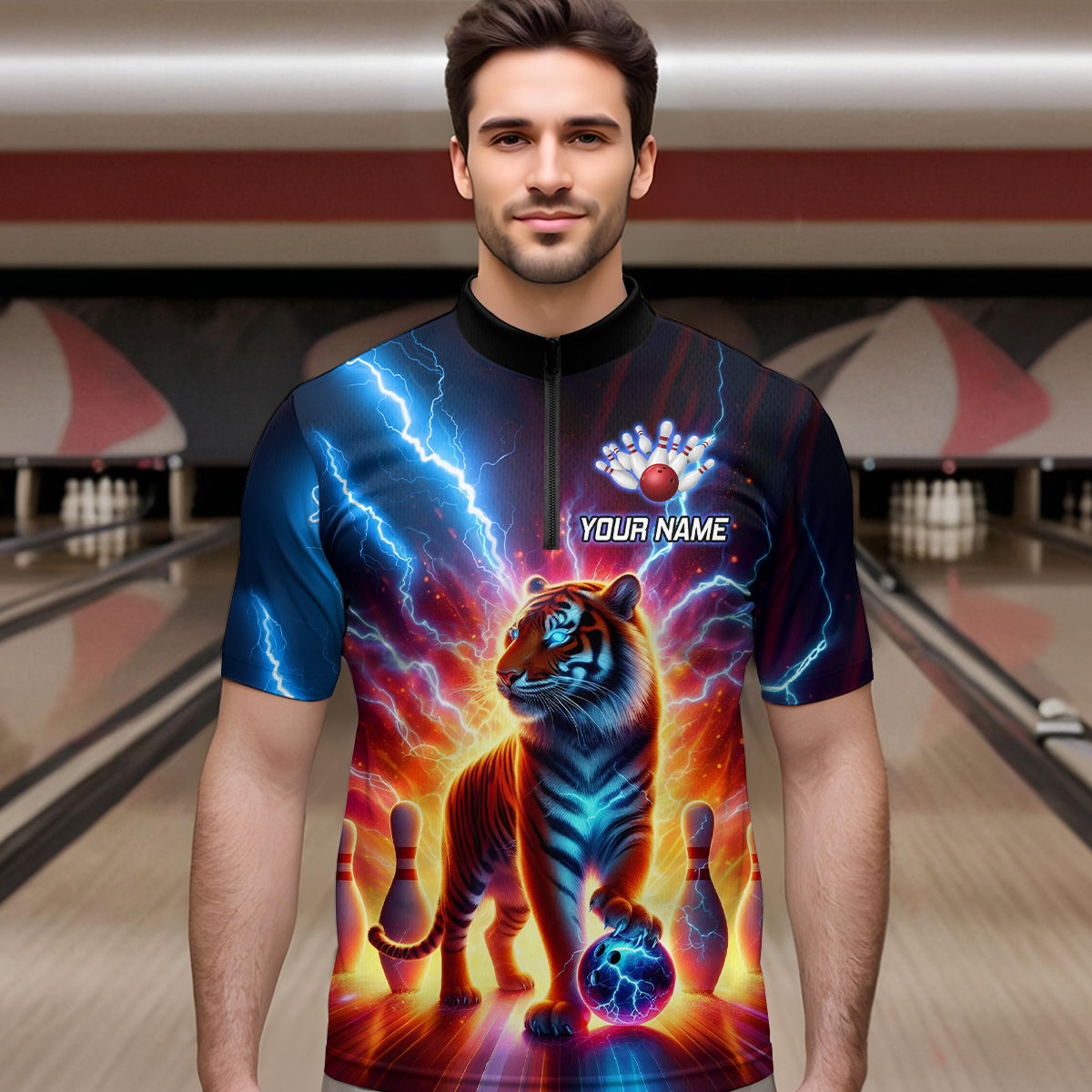 Custom Tiger Bowling Jersey Thunder Bowling Team Shirt Quarter-Zip Bowling for Men Women QZT637