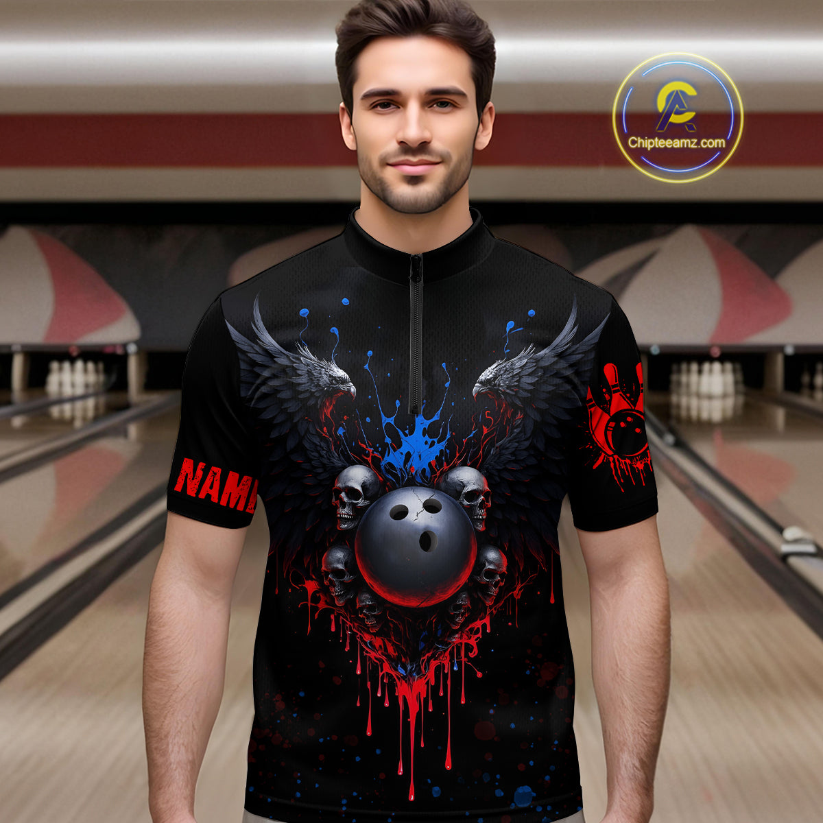 Custom Eagle Skull Bowling Men Shirts Bowling Uniform Polo & 1/4 Zip Bowling Team Jerseys HNT102