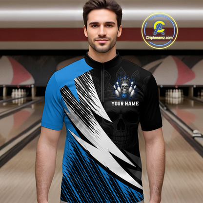 Blue Skull Crown Bowling Custom Men Bowling Shirt Polo & Quarter-Zip Bowling Team Jerseys HNT65