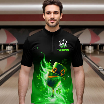 Custom Bowling Shirt Unisex Green Shamrock Lucky Clover Quarter-Zip Bowling Jersey QZT624