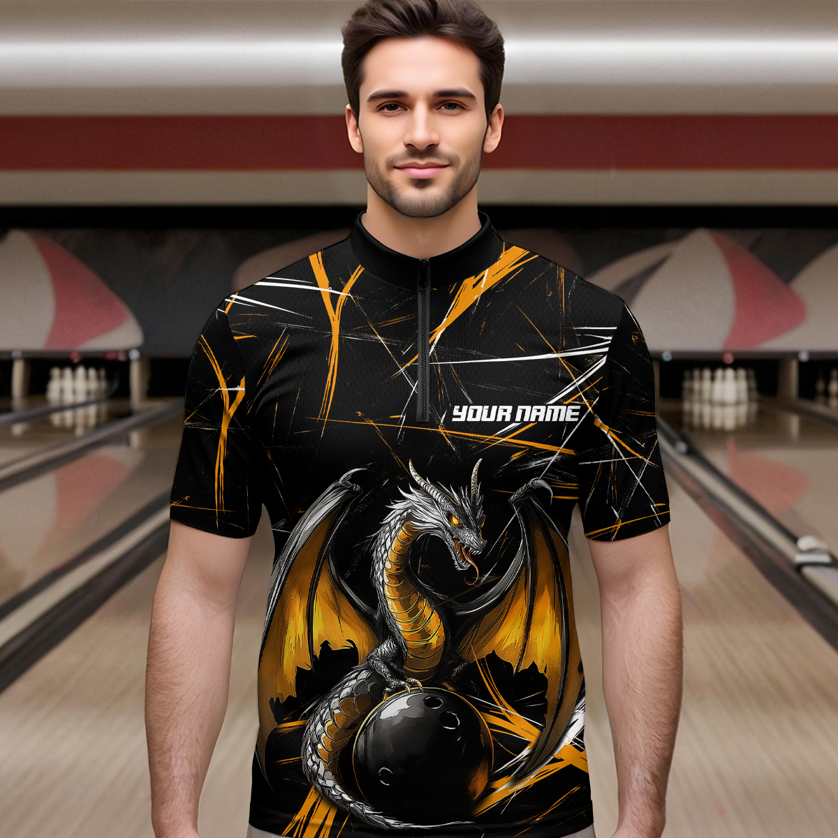 Black & Gold Dragon Bowling Shirt Custom Quarter-Zip Bowling Jersey for Men Women QZT682