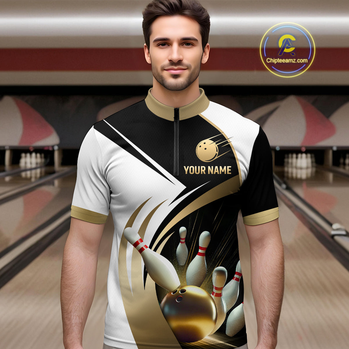 Gold Bowling Custom Men Bowling Shirt Polo & Quarter-Zip Bowling Team Jerseys HNT61