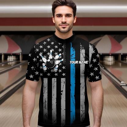 US Blue Flag Bowling Shirt for Men Custom Name Polo & Quarter-Zip Bowling Jersey Bowling Team Shirt HNT23