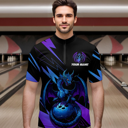 Teal And Purple Dragon Bowling Shirt Custom Name Bowling Jersey Team Bowling Quarter-Zip Shirts QZT674