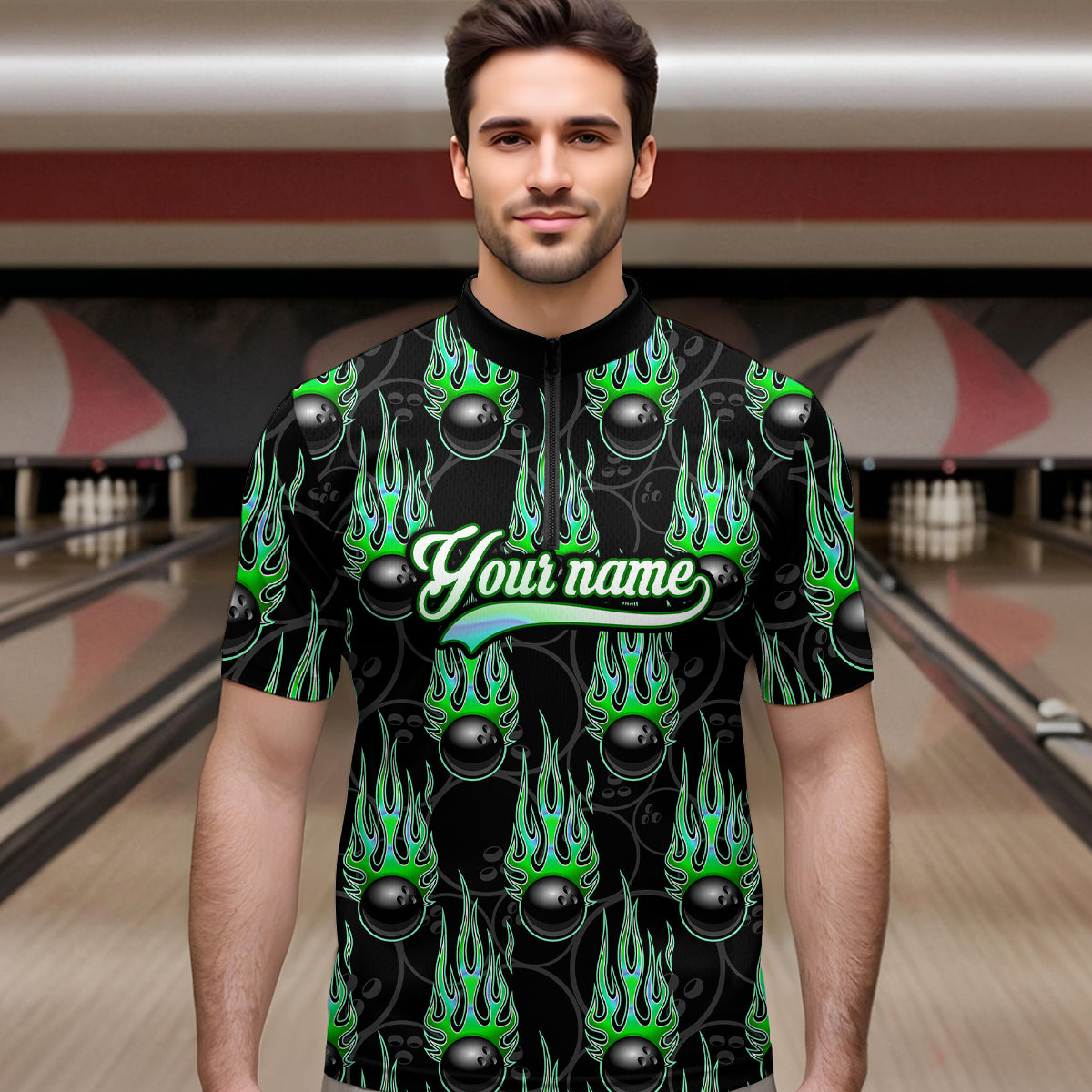 Black Bowling Ball Camo Green Flame Bowling Polo, 1/4 Zip Shirt for Men Custom Bowling Team Jersey NQS9479