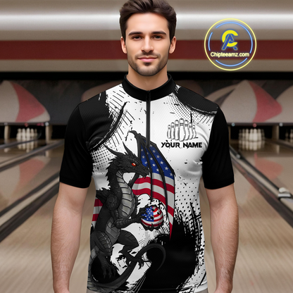 Black & White Quarter-Zip Bowling Team Jersey Custom American Dragon Bowling Shirt Unisex QZT687