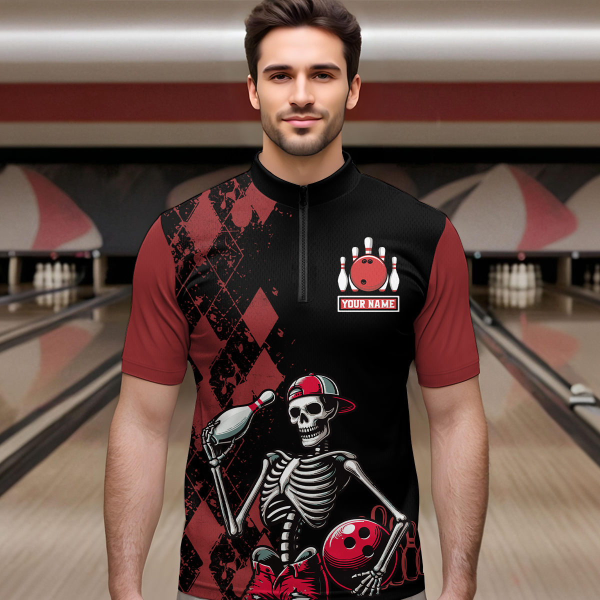 Custom Bowling 1/4-Zip Shirt for Men Women Skull Bowling Jersey Bowling Team League QZT47-6