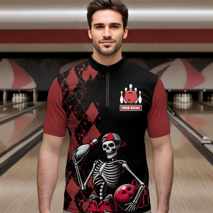 Custom Bowling 1/4-Zip Shirt for Men Women Skull Bowling Jersey Bowling Team League QZT47-6