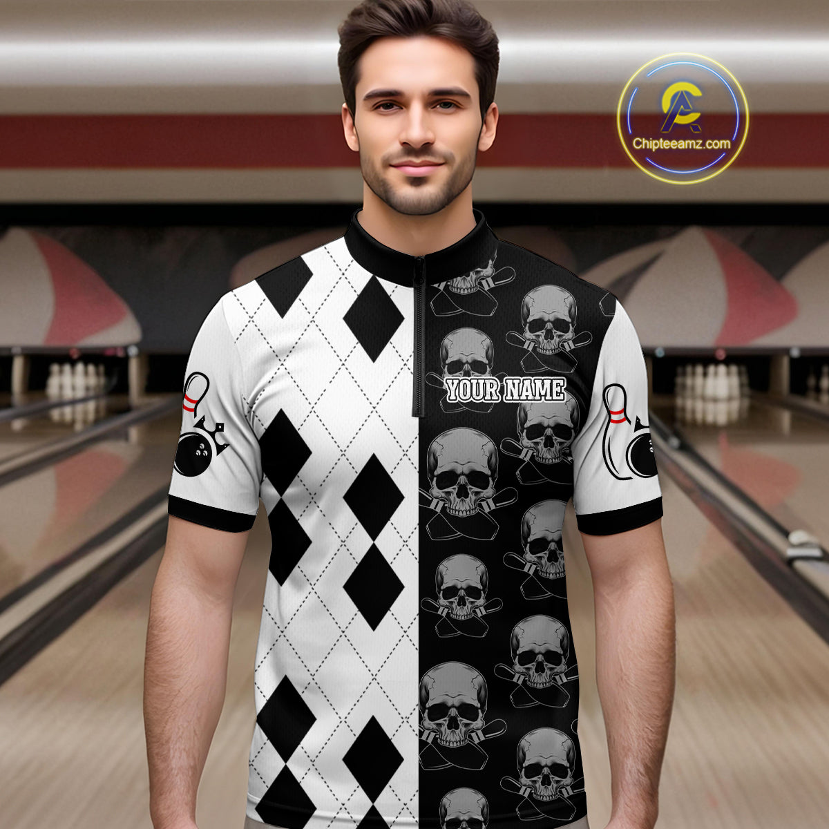Black & White Bowling Shirt Custom Skull Quarter-Zip Bowling Jersey Gift for Bowlers QZT693