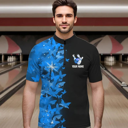Blue Butterfly Bowling Shirts For Men Women Custom 1/4 Zip Bowling Jersey Team BDT505