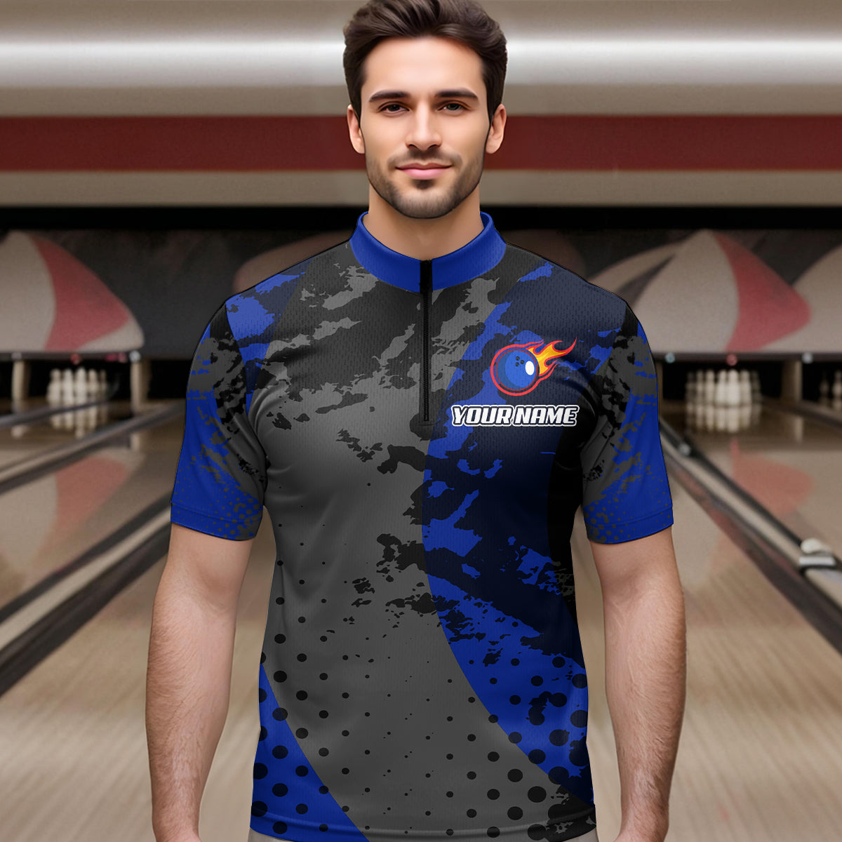 Fire Bowling Shirt Custom Blue Bowling Jersey for Men Women with Team Name MBL63