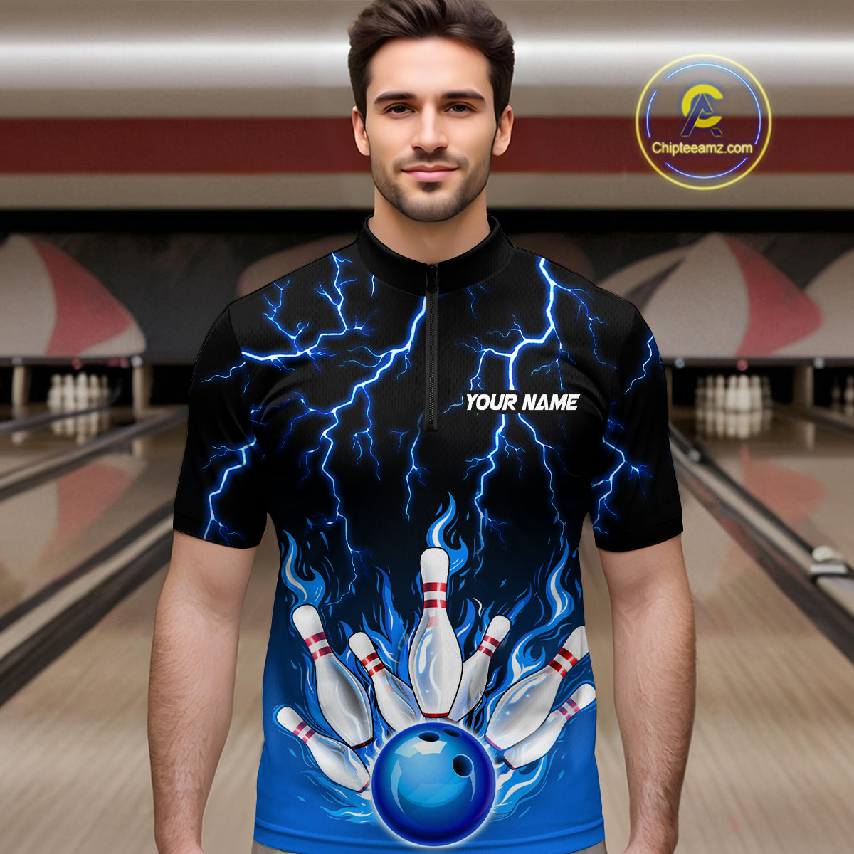 Blue Thunder Bowling Custom Men Bowling Shirt Polo & Quarter-Zip Bowling Team Shirts HNT71